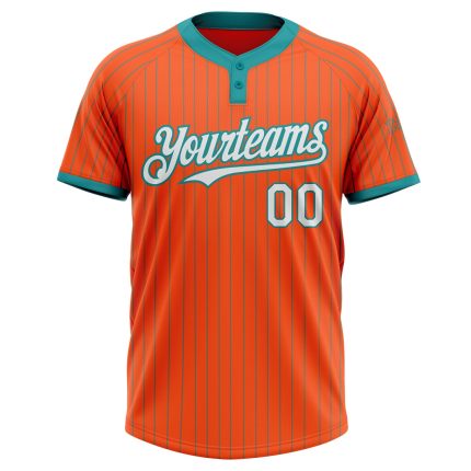 Personalized Orange Teal Pinstripe White Two-Button Unisex Softball Jersey Team Custom Name and Number