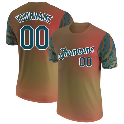 Personalized Orange Teal-White 3D Pattern Floral Design Performance T-Shirt Team Custom Name and Number