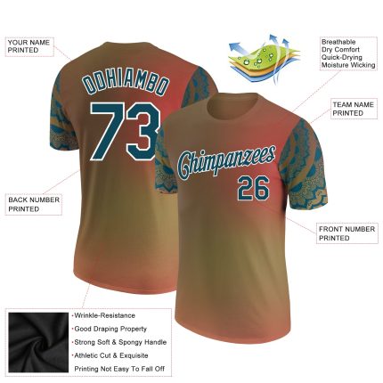 Personalized Orange Teal-White 3D Pattern Floral Design Performance T-Shirt Team Custom Name and Number