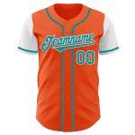 Custom orange, teal and white two-tone baseball jersey, back view
