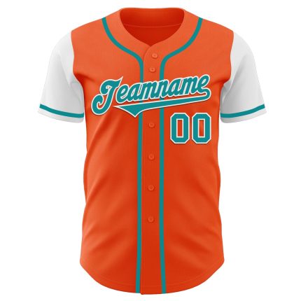 Custom orange, teal and white two-tone baseball jersey, back view