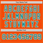 Custom orange, teal and white two-tone baseball jersey, flat lay