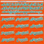 Custom orange, teal and white two-tone baseball jersey, side view