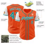 Custom orange, teal and white two-tone baseball jersey, detail of the printed panel