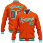 Personalized Orange Teal-White Bomber Full-Snap Varsity Letterman Jacket Team Custom Name and Number