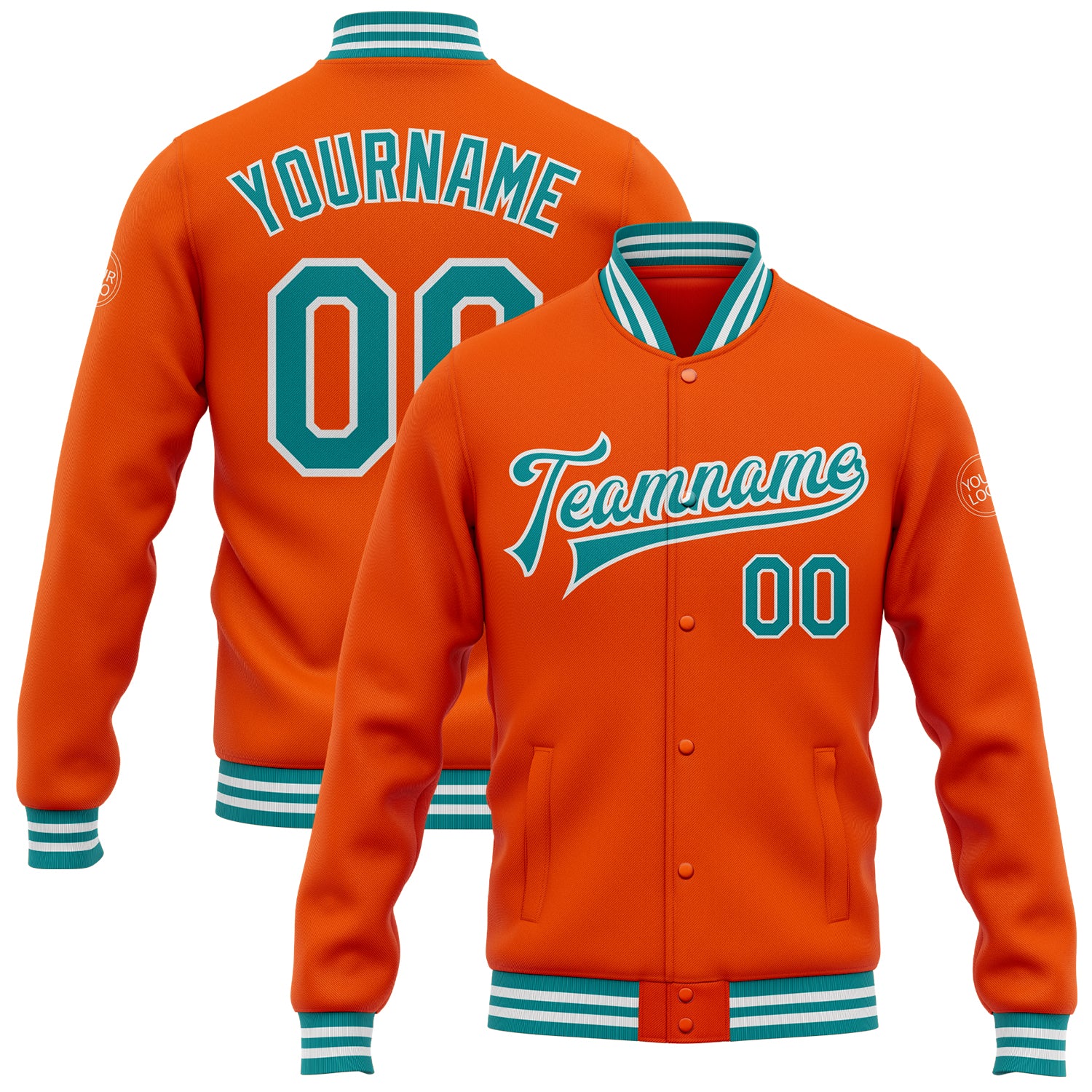 Personalized Orange Teal-White Bomber Full-Snap Varsity Letterman Jacket Team Custom Name and Number