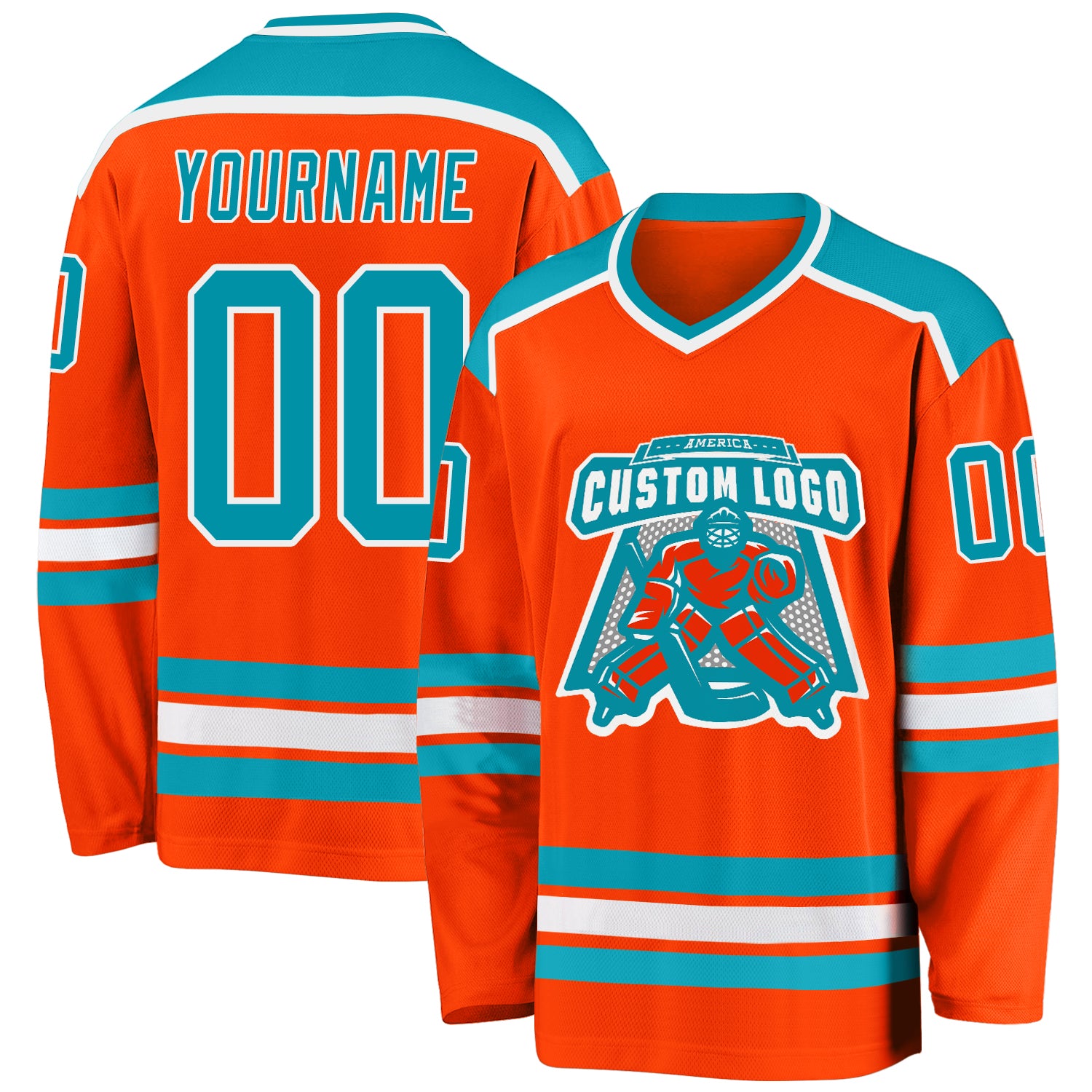 Personalized Orange Teal-White Hockey Jersey Team Custom Name and Number