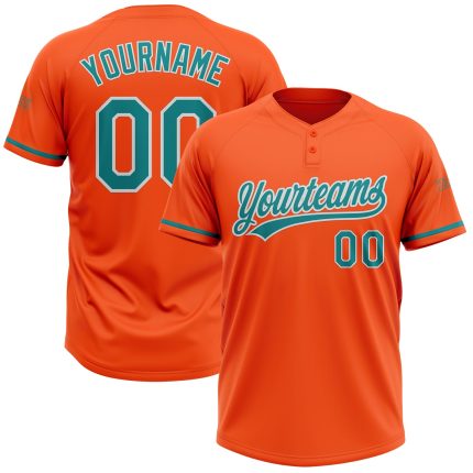 Personalized Orange Teal-White Two-Button Unisex Softball Jersey