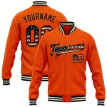 Personalized Orange Vintage USA Flag Black-Cream Bomber Full-Snap Varsity Letterman Jacket Team Custom Name and Number