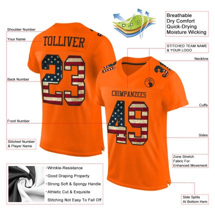 Personalized Orange Vintage USA Flag-Black Mesh Authentic Football Jersey Team Custom Name and Number