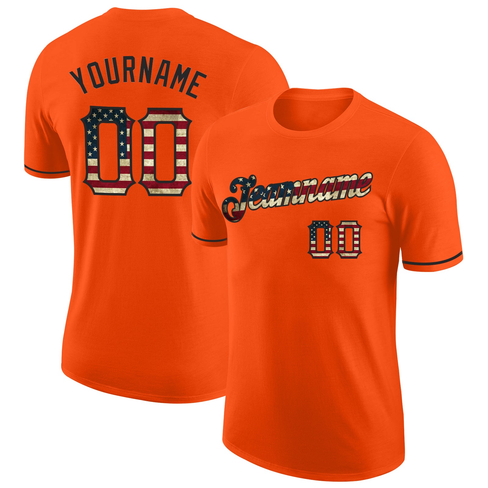 Personalized Orange Vintage USA Flag-Black Performance T-Shirt Team Custom Name and Number