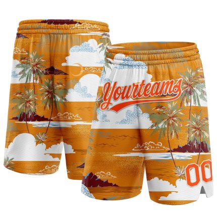 Personalized Orange White 3D Pattern Palm Trees And Clouds Authentic Basketball Shorts Team Custom Name and Number