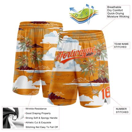 Personalized Orange White 3D Pattern Palm Trees And Clouds Authentic Basketball Shorts Team Custom Name and Number
