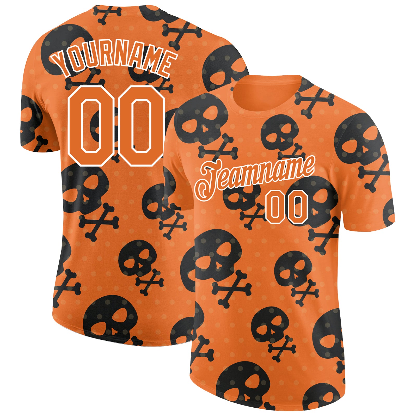 Personalized Orange White 3D Skull Fashion Performance T-Shirt Team Custom Name and Number