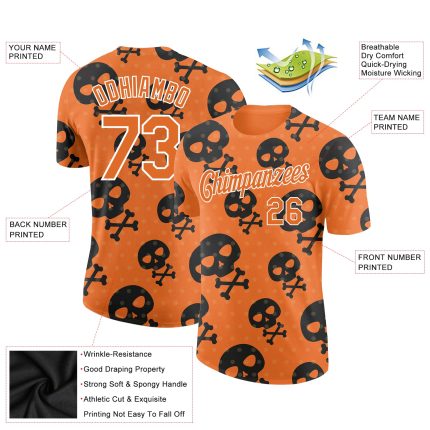 Personalized Orange White 3D Skull Fashion Performance T-Shirt Team Custom Name and Number