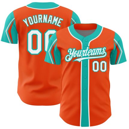 Personalized Orange White-Aqua 3 Colors Arm Shapes Authentic Baseball Jersey Team Custom Name and Number
