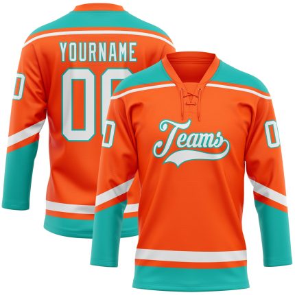 Personalized Orange White-Aqua Hockey Lace Neck Jersey Team Custom Name and Number