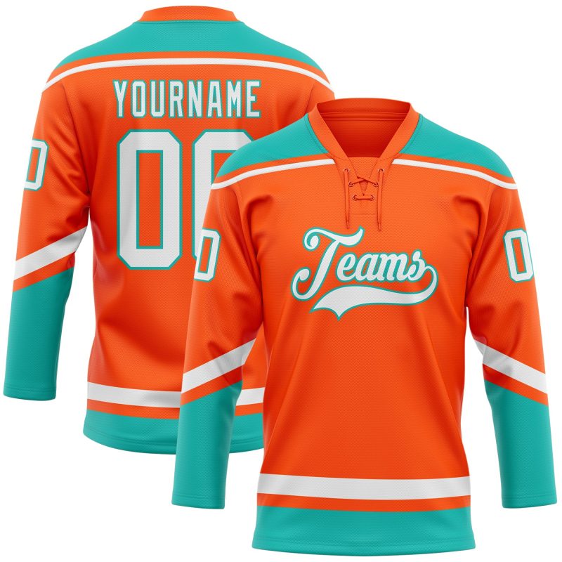 Personalized Orange White-Aqua Hockey Lace Neck Jersey Team Custom Name and Number