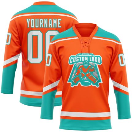 Personalized Orange White-Aqua Hockey Lace Neck Jersey Team Custom Name and Number