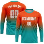 Personalized Orange White-Aqua Sublimation Long Sleeve Fade Fashion Soccer Uniform Jersey Team Custom Name and Number