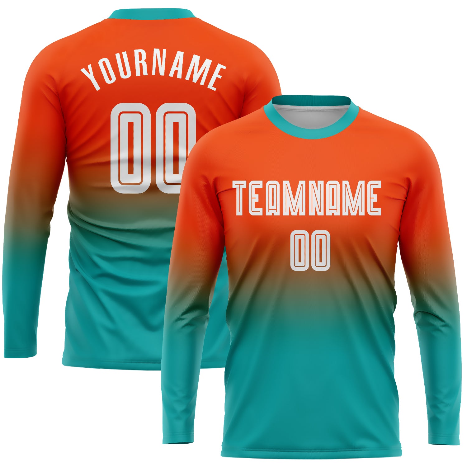 Personalized Orange White-Aqua Sublimation Long Sleeve Fade Fashion Soccer Uniform Jersey Team Custom Name and Number