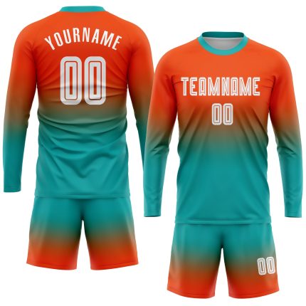 Personalized Orange White-Aqua Sublimation Long Sleeve Fade Fashion Soccer Uniform Jersey Team Custom Name and Number