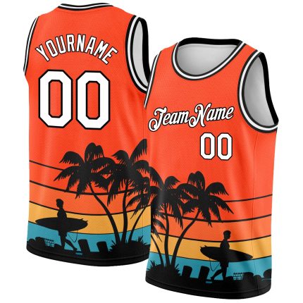 Personalized Orange White-Black 3D Pattern Hawaii Beach Palm Trees Authentic Basketball Jersey Team Custom Name and Number