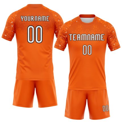 Personalized Orange White-Black Abstract Shape Sublimation Volleyball Uniform Jersey Team Custom Name and Number