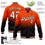 Personalized Orange White-Black Bomber Full-Snap Varsity Letterman Fade Fashion Jacket Team Custom Name and Number