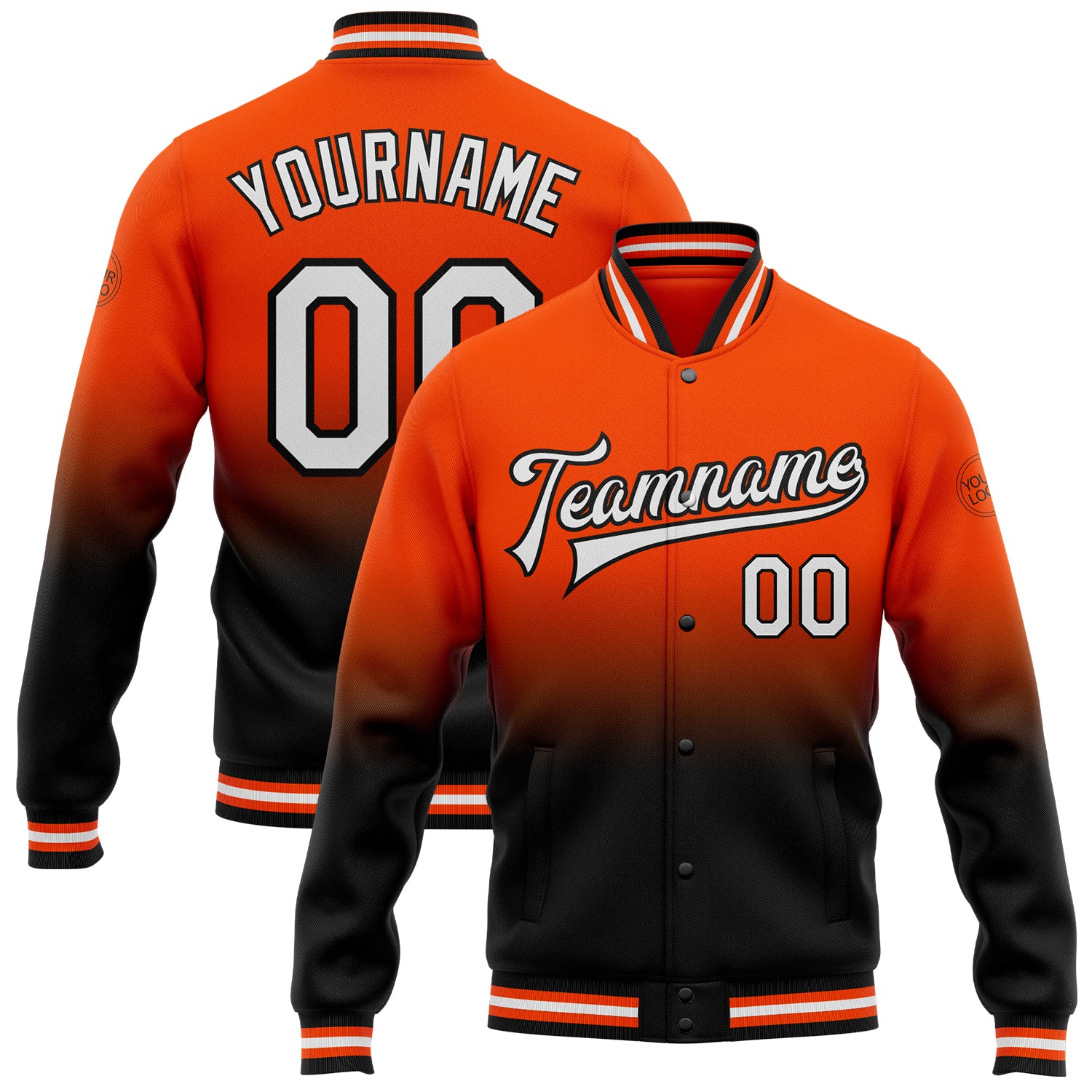 Personalized Orange White-Black Bomber Full-Snap Varsity Letterman Fade Fashion Jacket Team Custom Name and Number