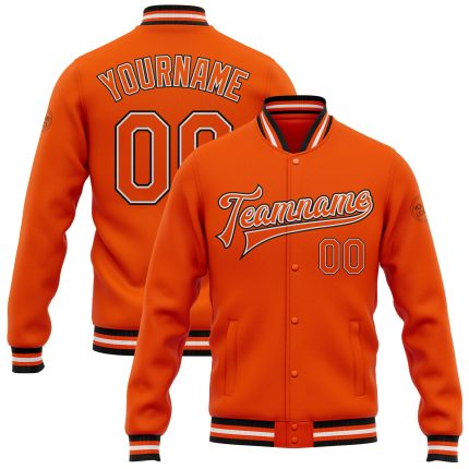 Personalized Orange White-Black Bomber Full-Snap Varsity Letterman Jacket