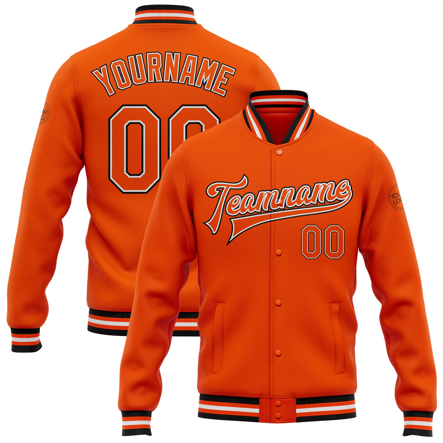 Personalized Orange White-Black Bomber Full-Snap Varsity Letterman Jacket