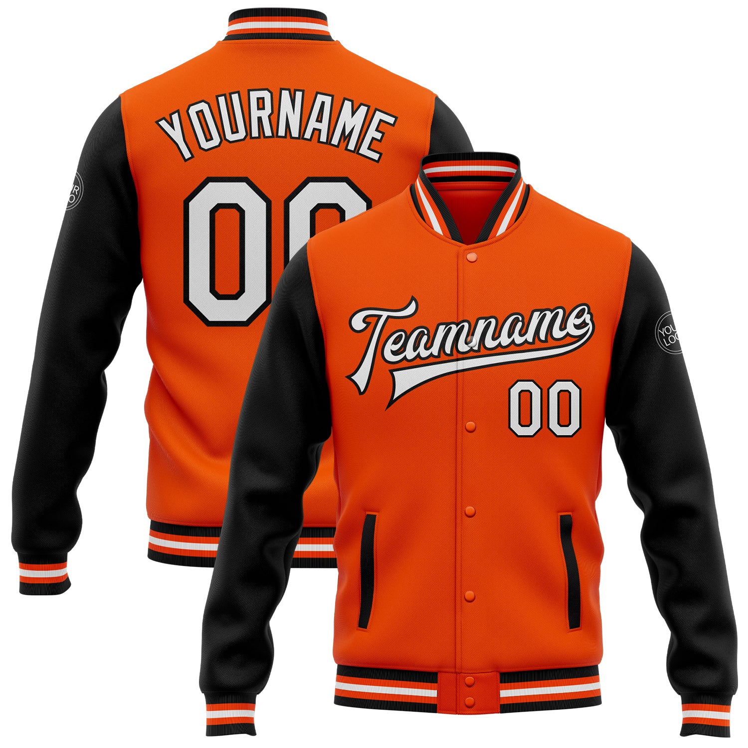 Personalized Orange White-Black Bomber Full-Snap Varsity Letterman Two Tone Jacket Team Custom Name and Number