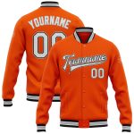 Personalized Orange White Black-Gray Bomber Full-Snap Varsity Letterman Jacket Team Custom Name and Number