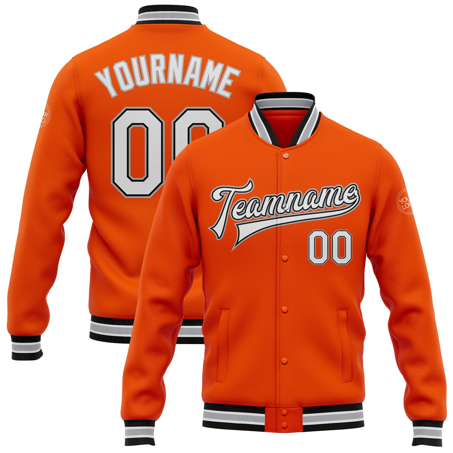 Personalized Orange White Black-Gray Bomber Full-Snap Varsity Letterman Jacket Team Custom Name and Number