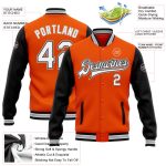 Personalized Orange White Black-Gray Bomber Full-Snap Varsity Letterman Two Tone Jacket Team Custom Name and Number