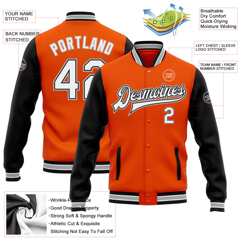 Personalized Orange White Black-Gray Bomber Full-Snap Varsity Letterman Two Tone Jacket Team Custom Name and Number Personalized Orange White Black-Gray Bomber Full-Snap Varsity Letterman Two Tone Jacket Team Custom Name and Number - Image 3