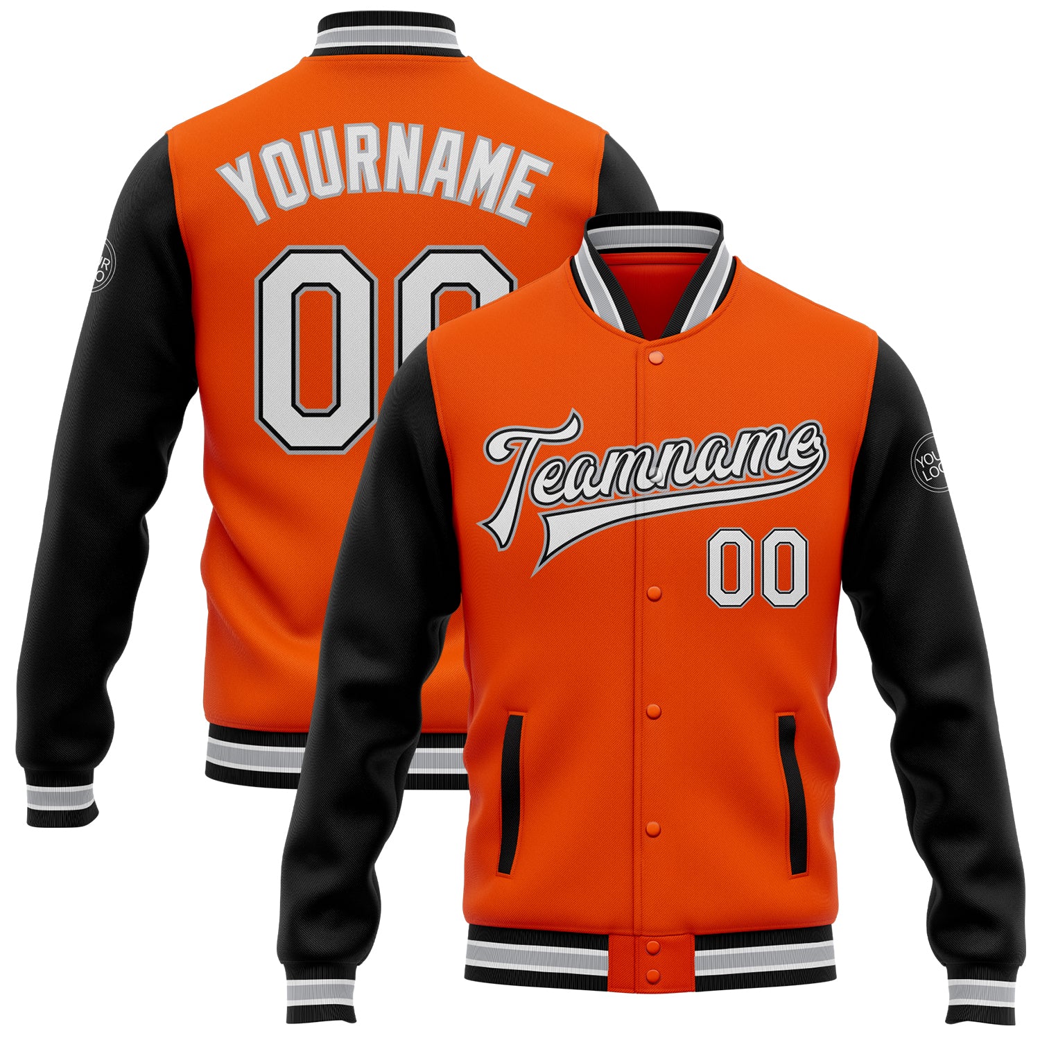 Personalized Orange White Black-Gray Bomber Full-Snap Varsity Letterman Two Tone Jacket Team Custom Name and Number