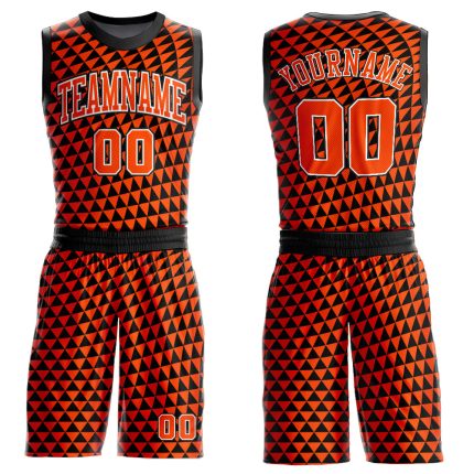 Personalized Orange White-Black Triangle Shapes Round Neck Sublimation Basketball Suit Jersey Team Custom Name and Number