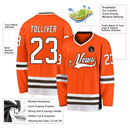 Personalized Orange White-Brown Hockey Jersey Team Custom Name and Number