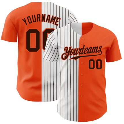 Personalized Orange White-Brown Pinstripe Authentic Split Fashion Baseball Jersey Team Custom Name and Number