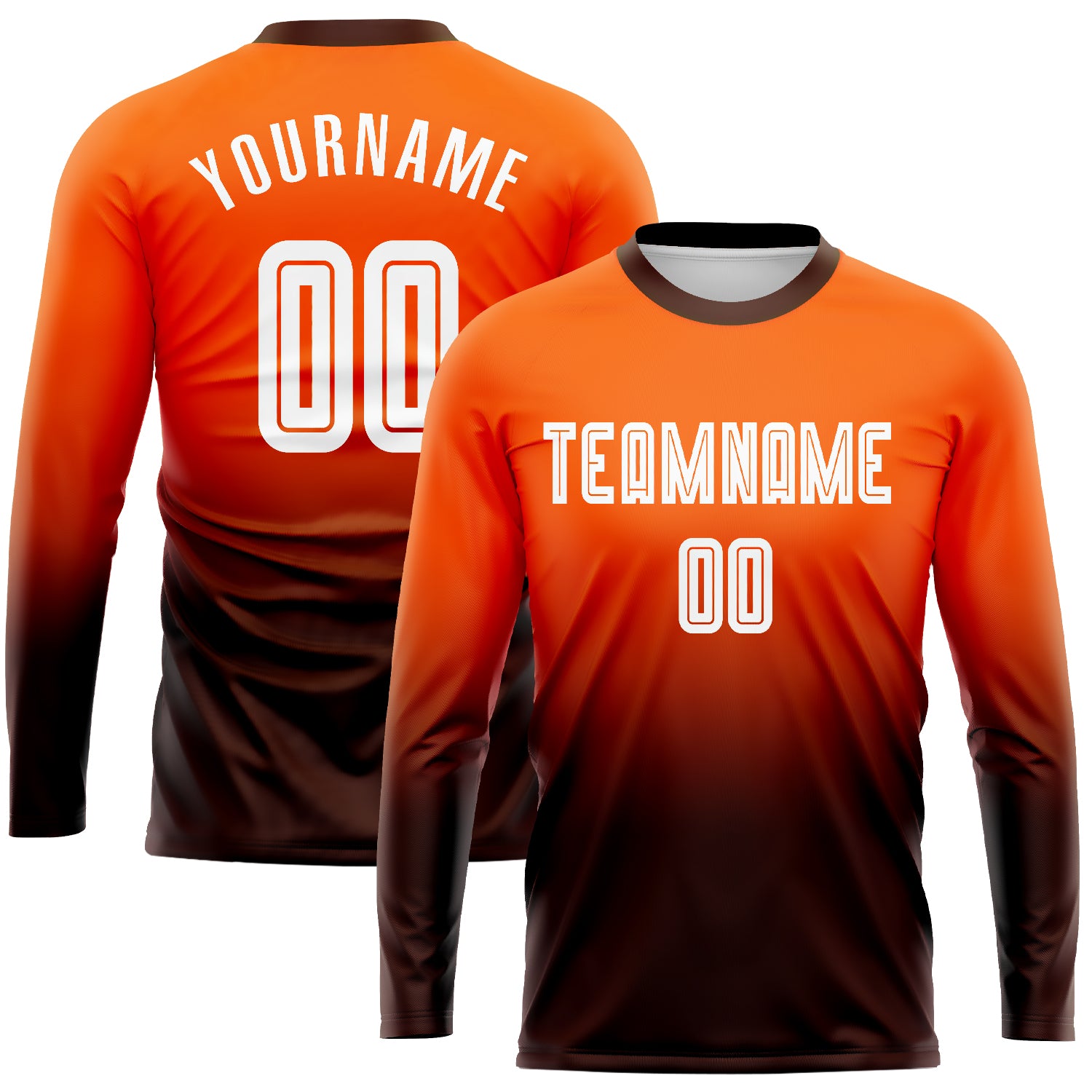 Personalized Orange White-Brown Sublimation Long Sleeve Fade Fashion Soccer Uniform Jersey Team Custom Name and Number