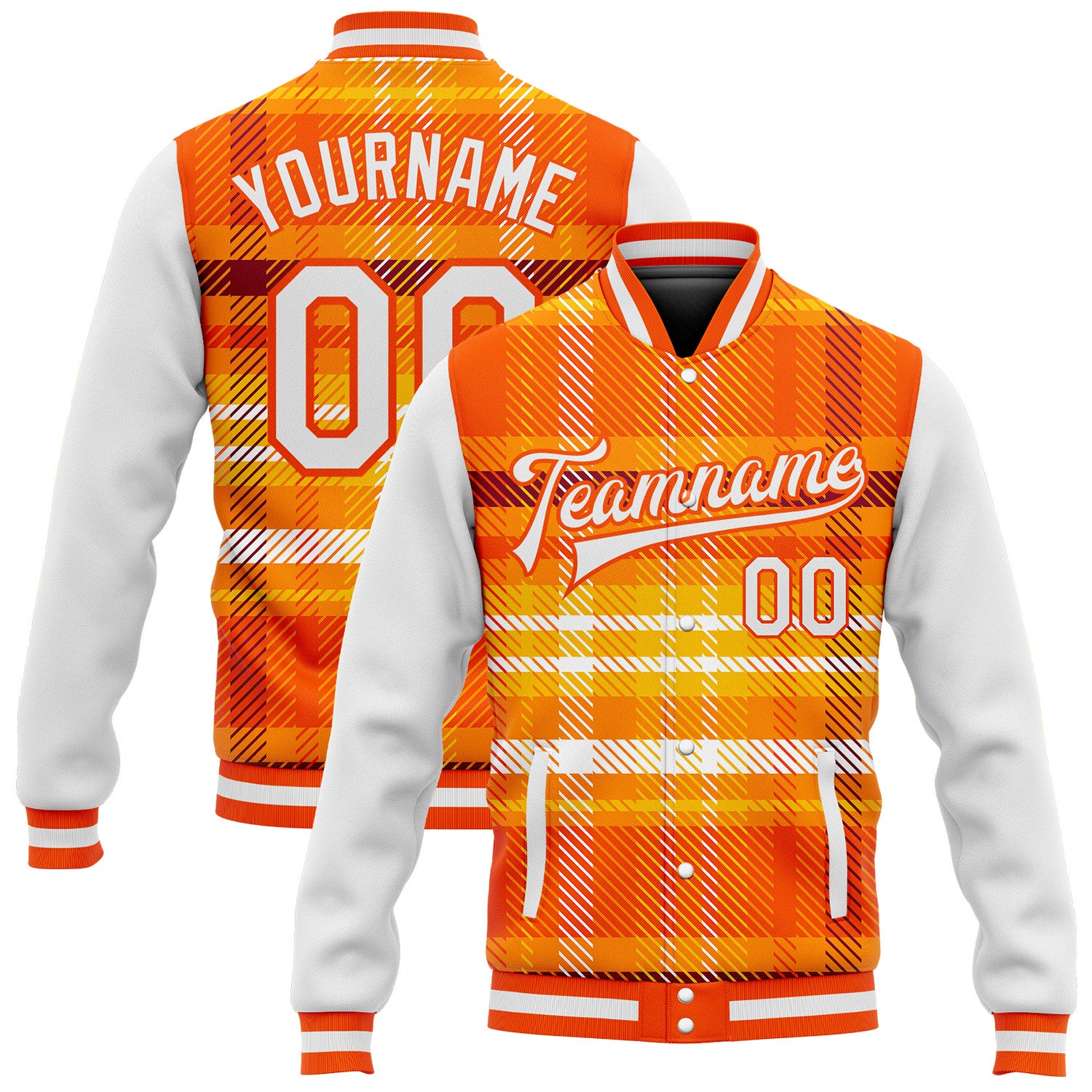 Personalized Orange White Check Board 3D Pattern Design Bomber Full-Snap Varsity Letterman Jacket