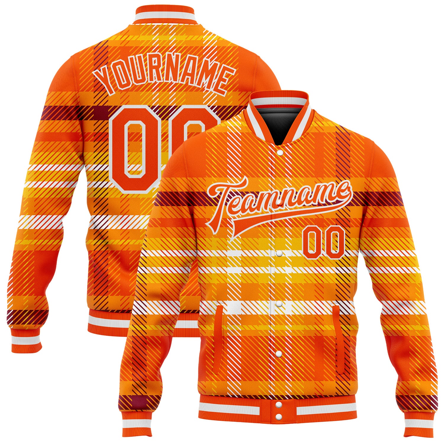 Personalized Orange White Check Board 3D Pattern Design Bomber Full-Snap Varsity Letterman Jacket Team Custom Name and Number