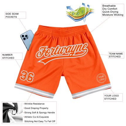 Personalized Orange White-Gray Authentic Throwback Basketball Shorts Team Custom Name and Number