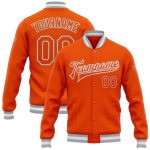 Personalized Orange White-Gray Bomber Full-Snap Varsity Letterman Jacket Team Custom Name and Number