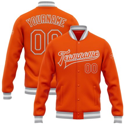 Personalized Orange White-Gray Bomber Full-Snap Varsity Letterman Jacket Team Custom Name and Number