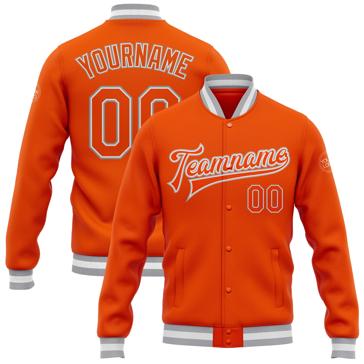 Personalized Orange White-Gray Bomber Full-Snap Varsity Letterman Jacket Team Custom Name and Number