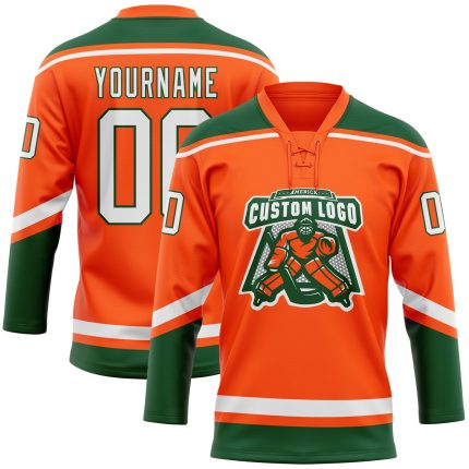 Personalized Orange White-Green Hockey Lace Neck Jersey Team Custom Name and Number