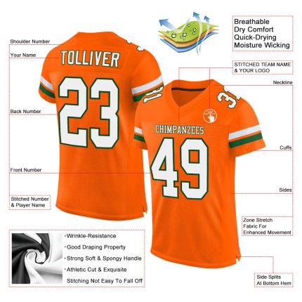 Personalized Orange White-Green Mesh Authentic Football Jersey Team Custom Name and Number